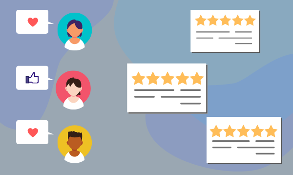 Icons of people with likes and thumbs up, and review icons with 5-star ratings