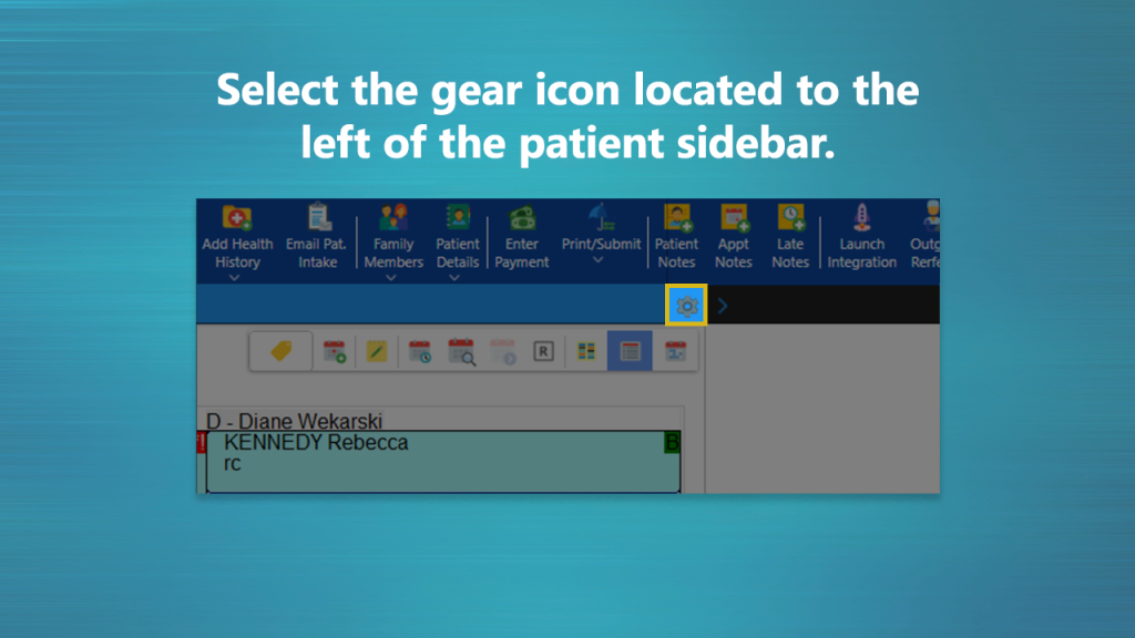 Text reads: Select the gear icon located to the left of the patient sidebar.
Image description: The gear icon in ABELDent is highlighted.